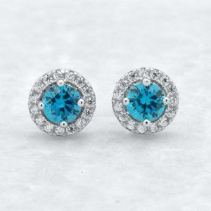 925 Silver Round Blue Halo Post Stud Earrings